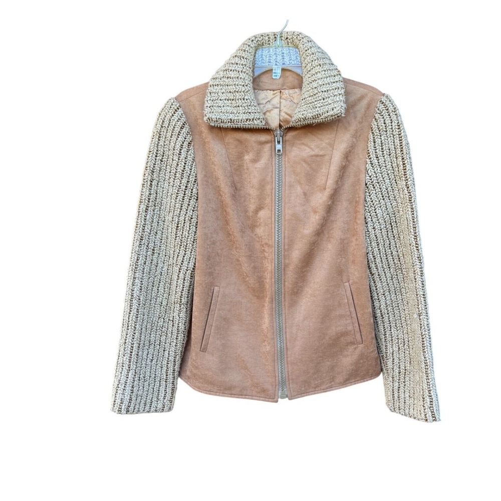 Womens Country Pacer Tan Faux Suede Knit Sleeve‎ Zip Jacket Size 12 Old Money